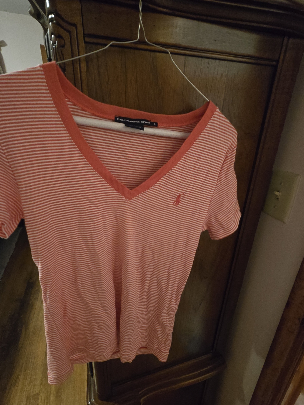 Ralph Lauren Coral and White Striped V-Neck Tee